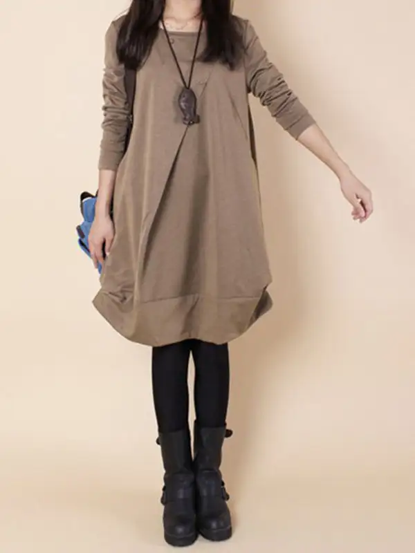 A Line Long Sleeve Pleated Solid Color Round Neck Dress Maxi