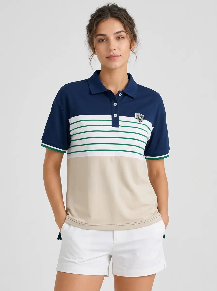 Women's Casual Preppy Style Striped Patch Printed Polo Shirt