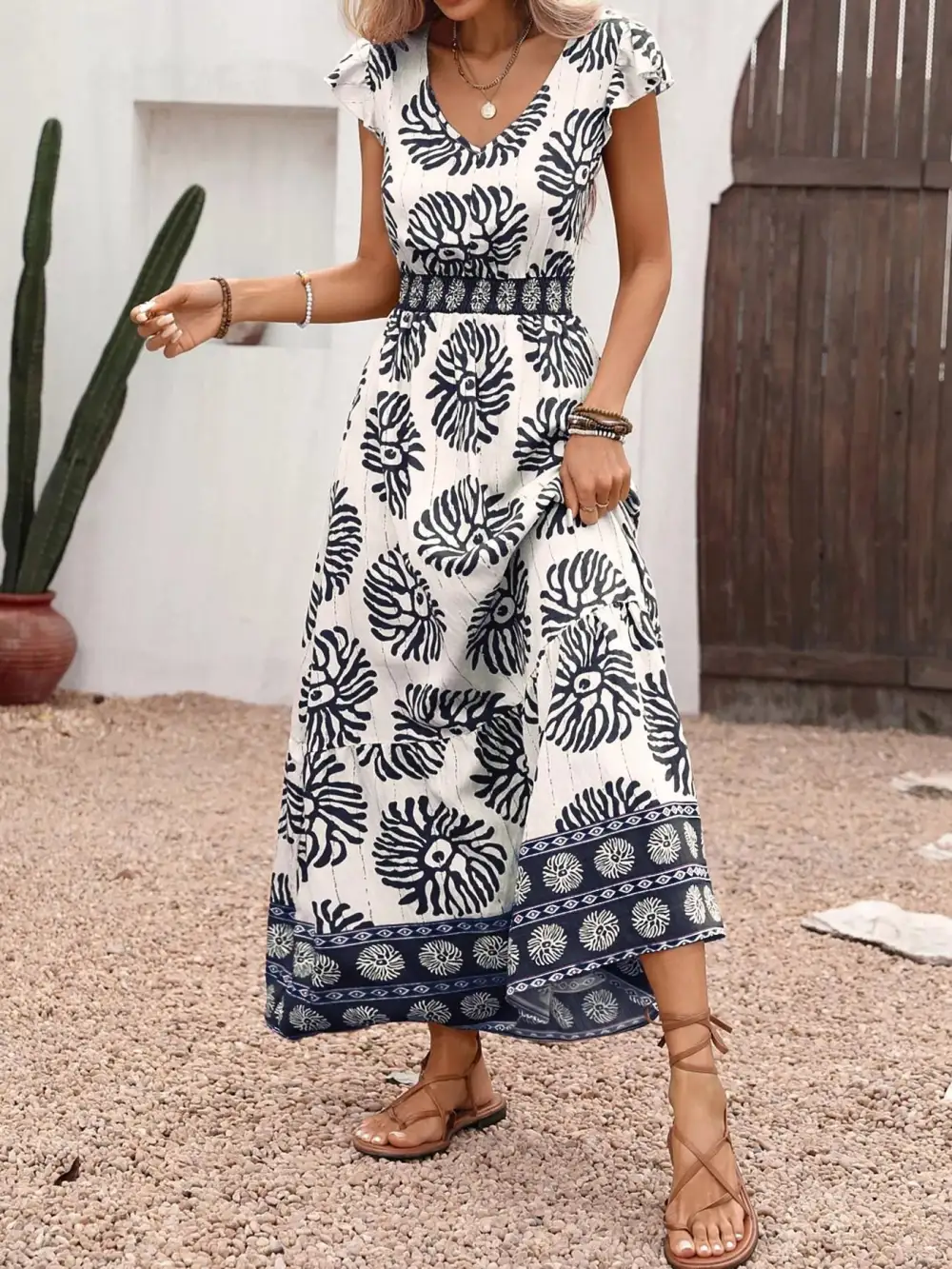 Printed V Neck Maxi Dress