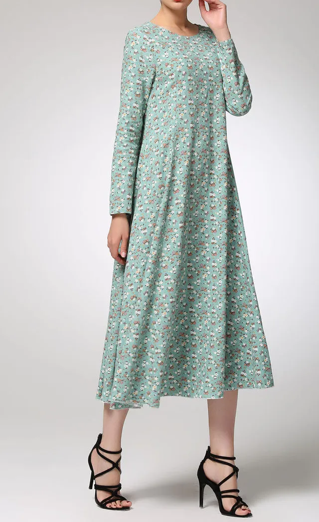 Floral Linen A Line Long Sleeve Maxi Dress