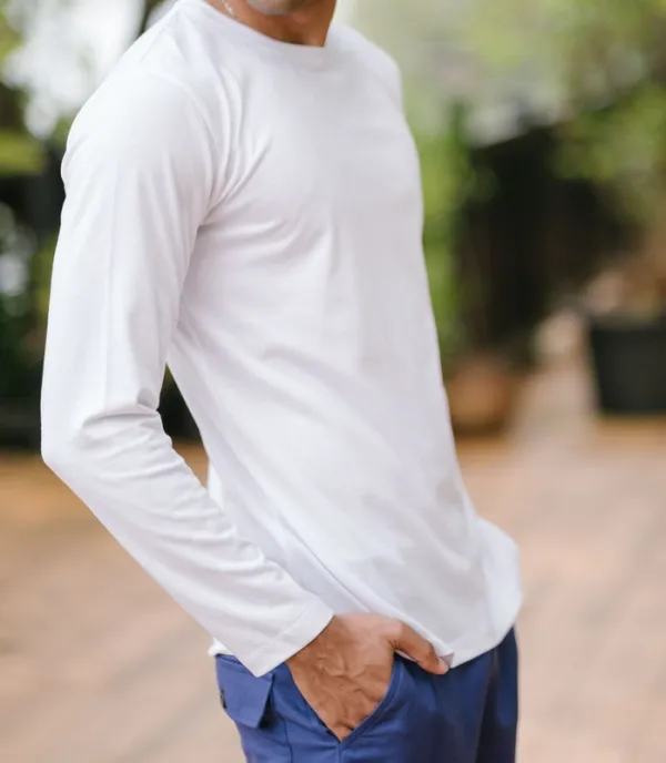 White Long Sleeve Cotton Crew Neck T-Shirt