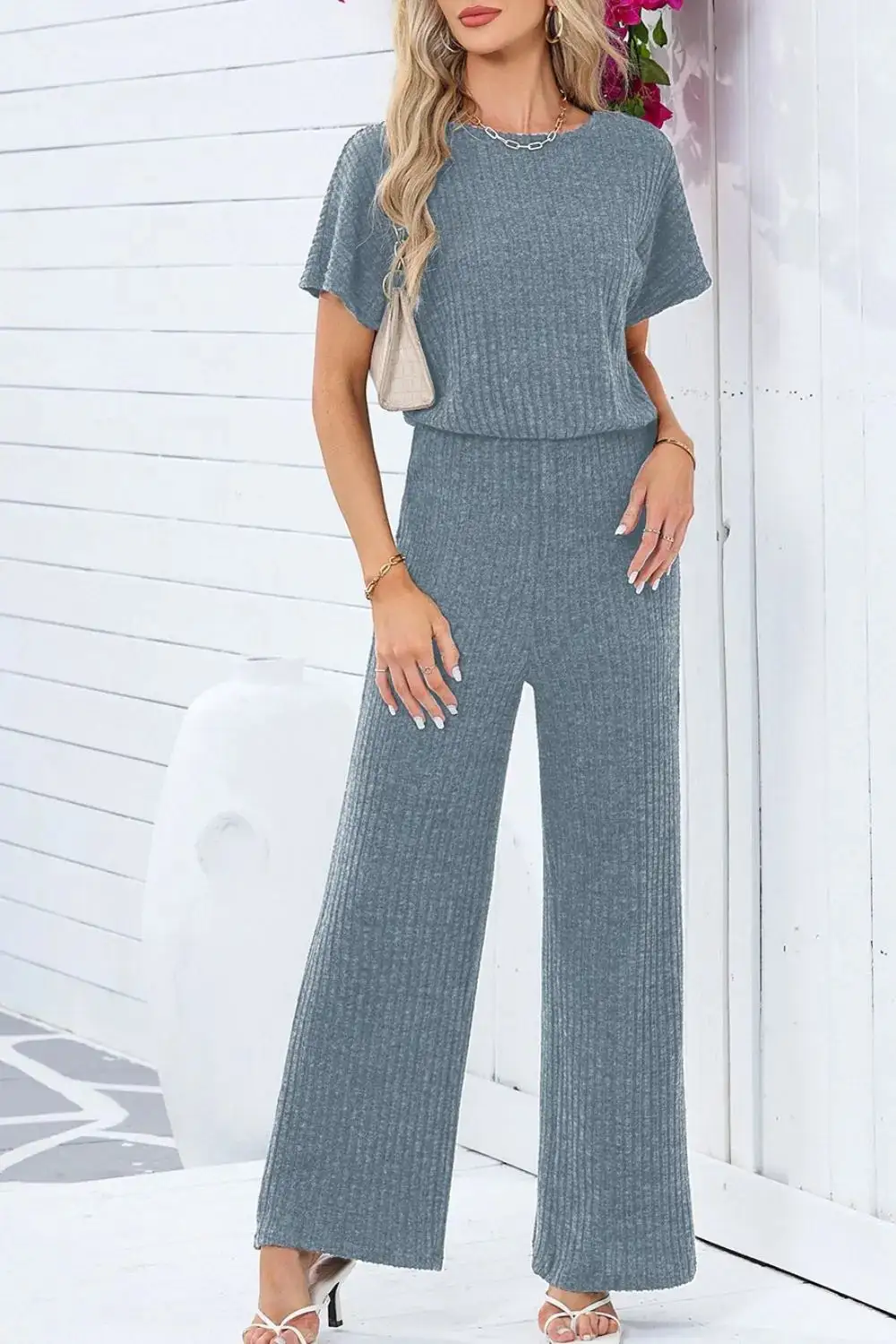 Ribbed Short Sleeve Wide Leg Jumpsuit Shorts
