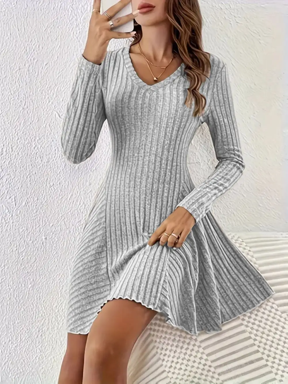 Ribbed Knit Long Sleeve Sweater Dress