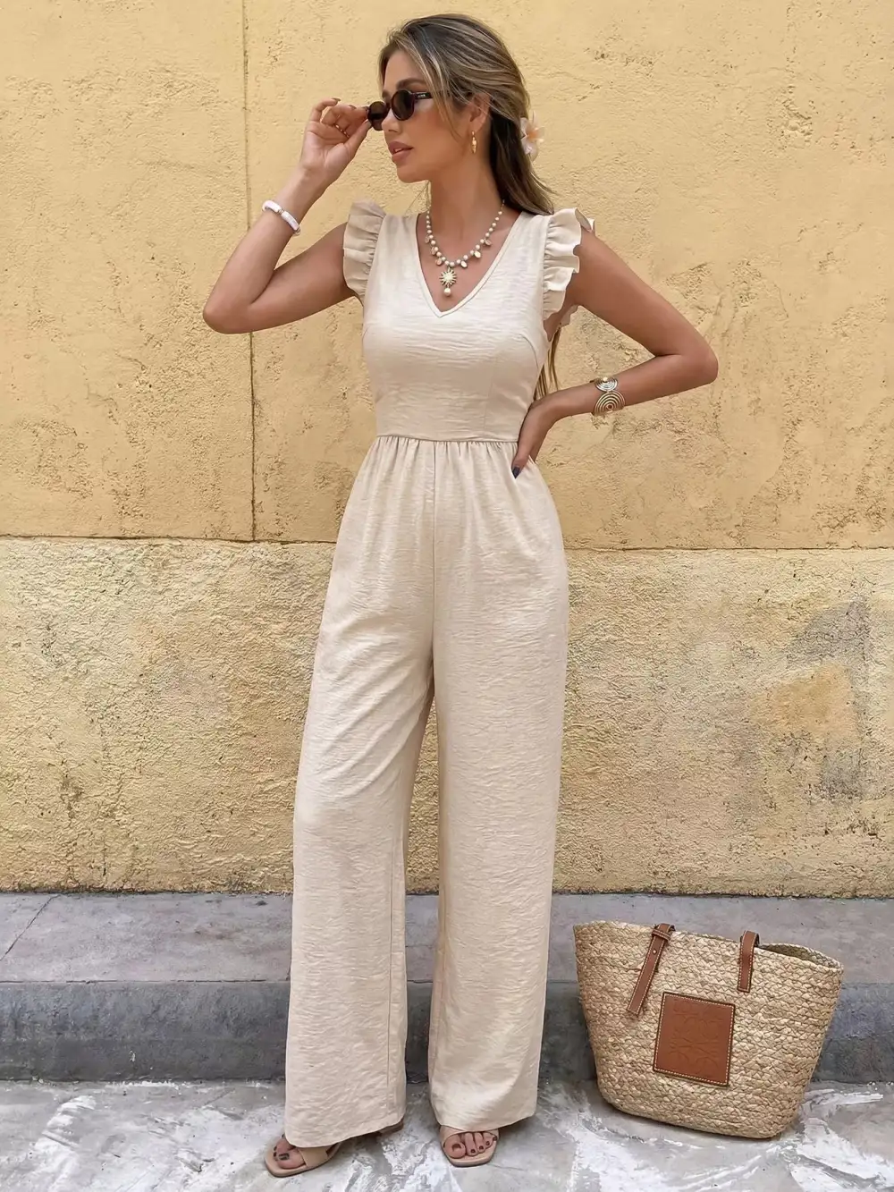 Ruffled V Neck Wide Leg Jumpsuit