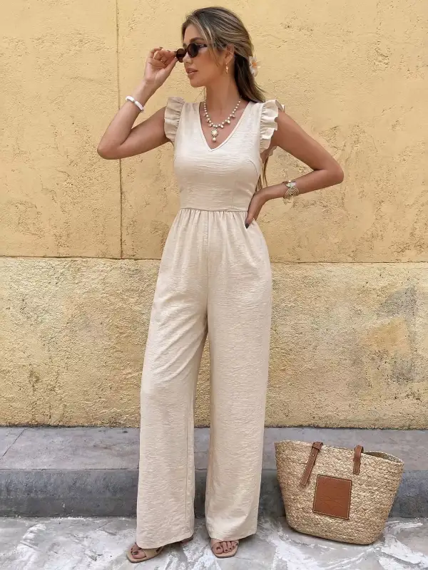Ruffled V Neck Wide Leg Jumpsuit