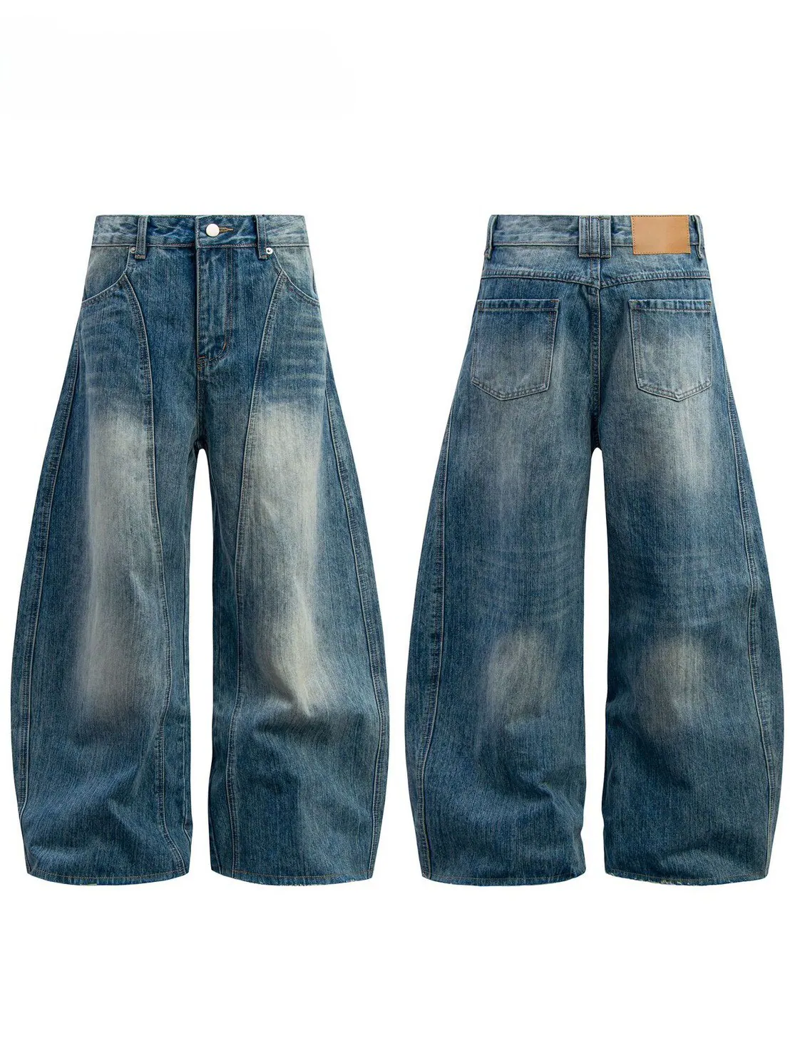 Vintage Washed Curved-Leg Denim Pants