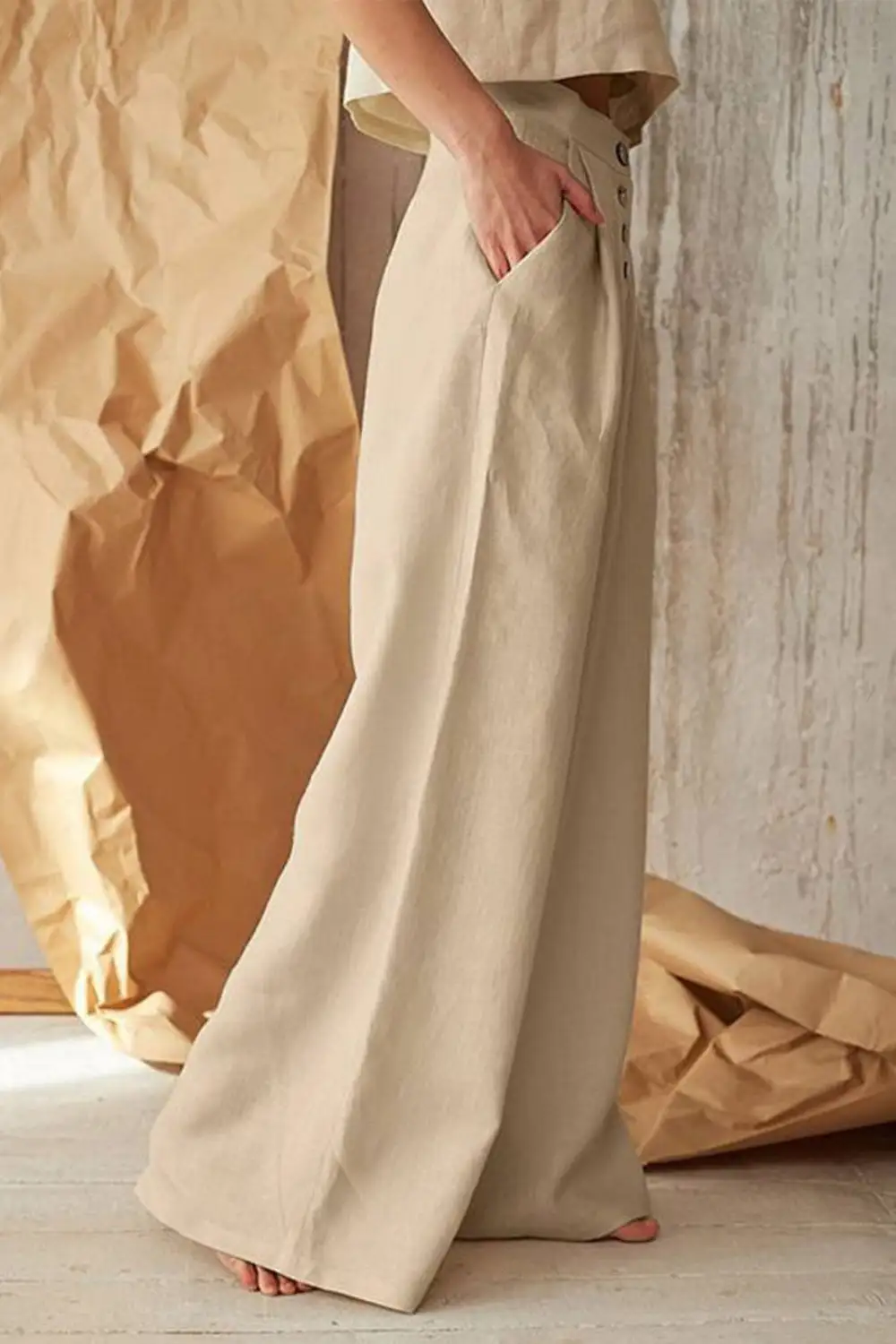 Front Button Wide Leg Cotton Linen Pants