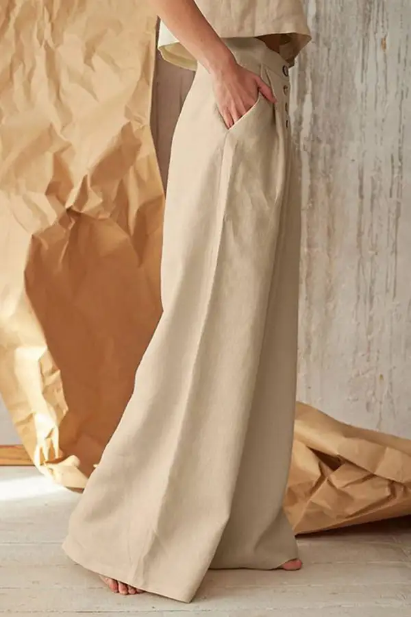 Front Button Wide Leg Cotton Linen Pants