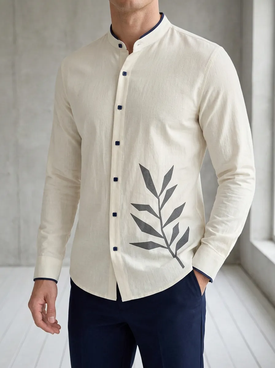 Men's Minimalist Botanical Leaf Printed Slim Fit Shirt