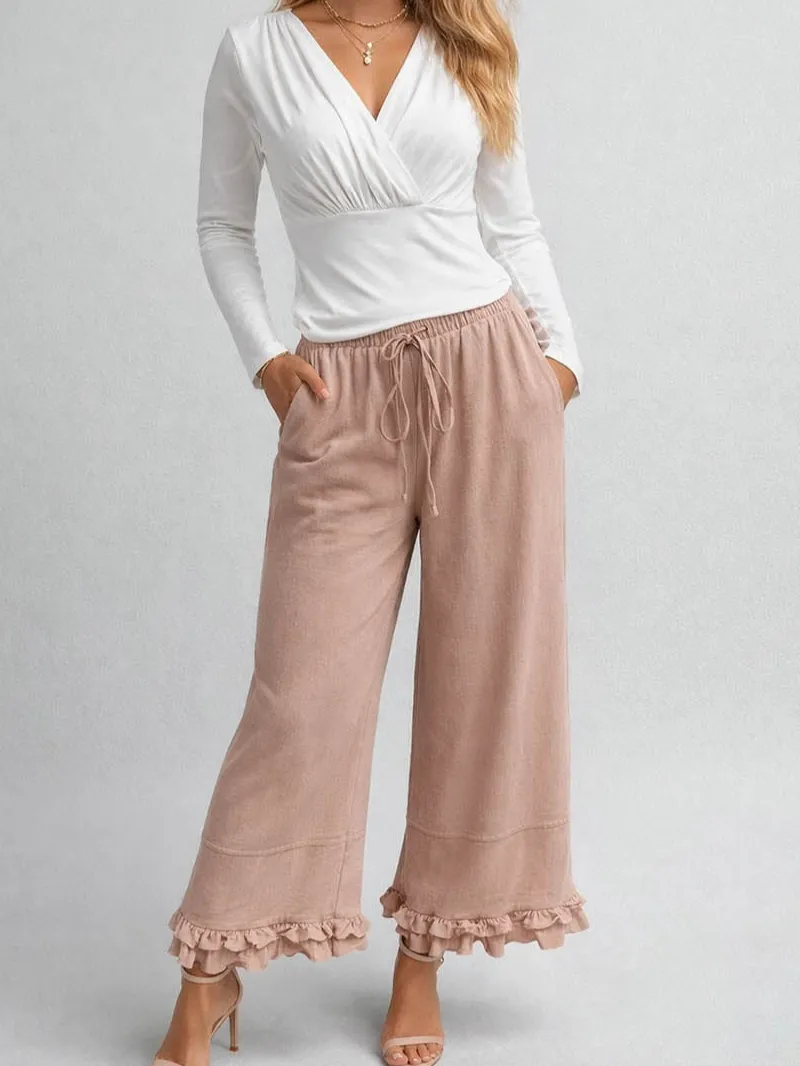 Elastic Waist Drawstring Ruffle Hem Wide Leg Pants