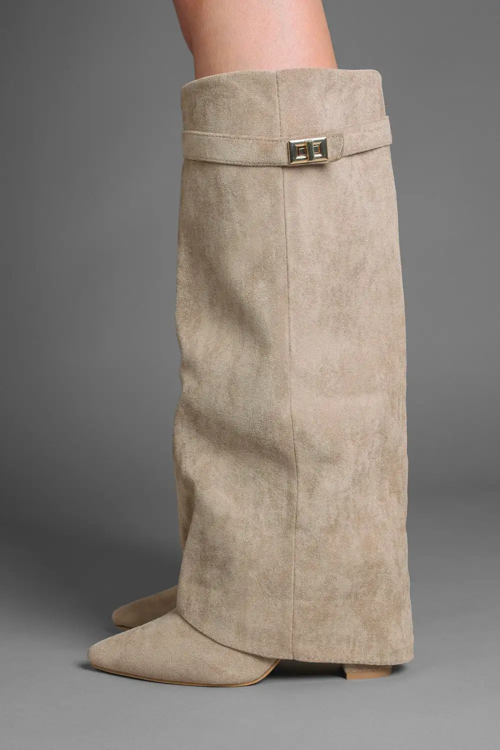 Western Slouch Fold-Over Buckle Detail Knee High Boots