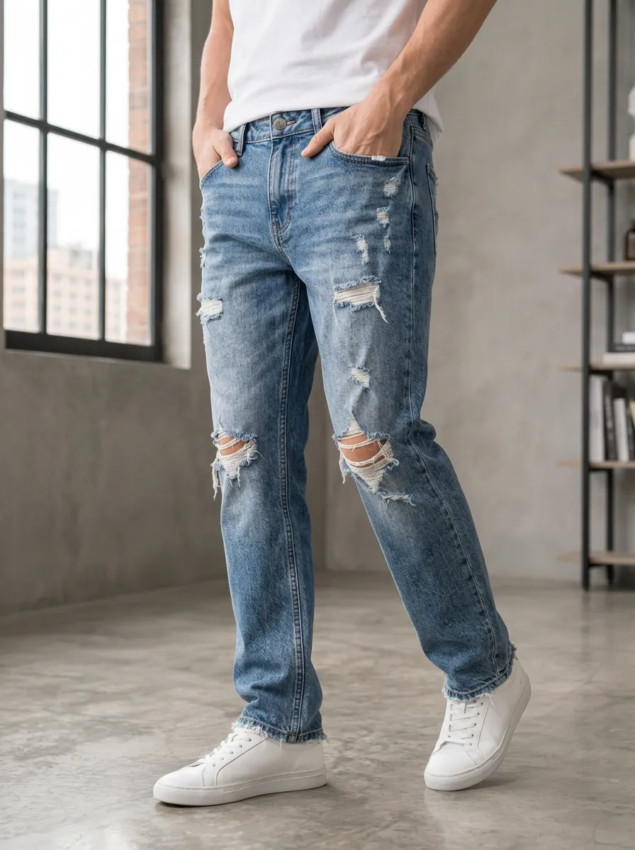 Men's Ripped Jeans Featuring Button Fly and Denim Styling