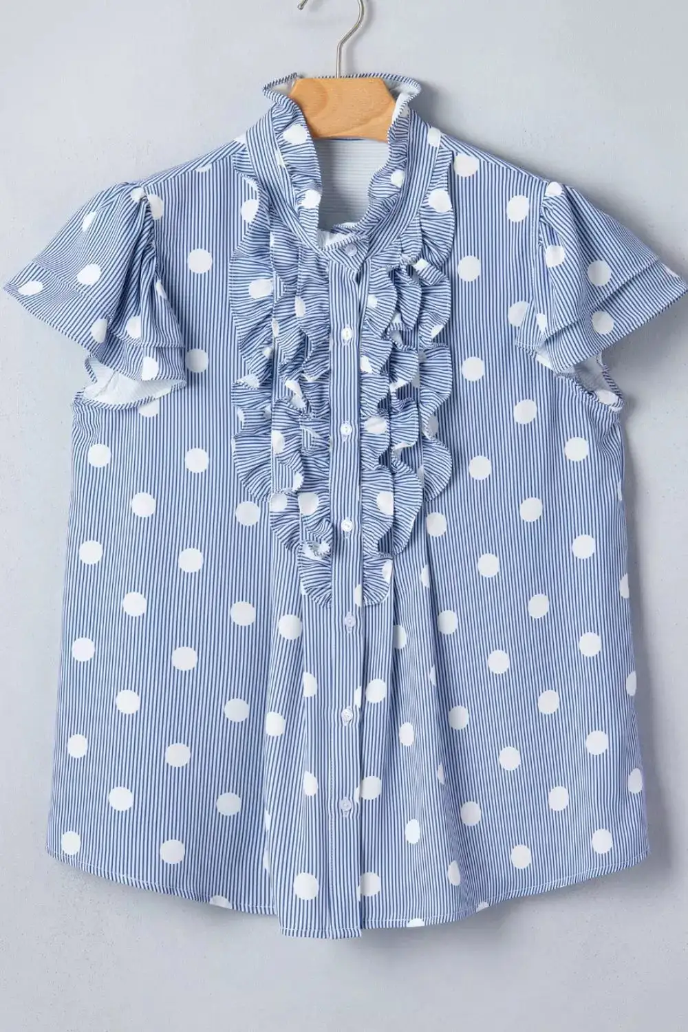 Stripe Contrast Polka Dot Print Pleated Ruffle Sleeve Shirt