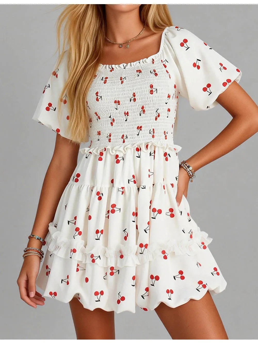Square Neck Cherry Puff Sleeves Mini Dress