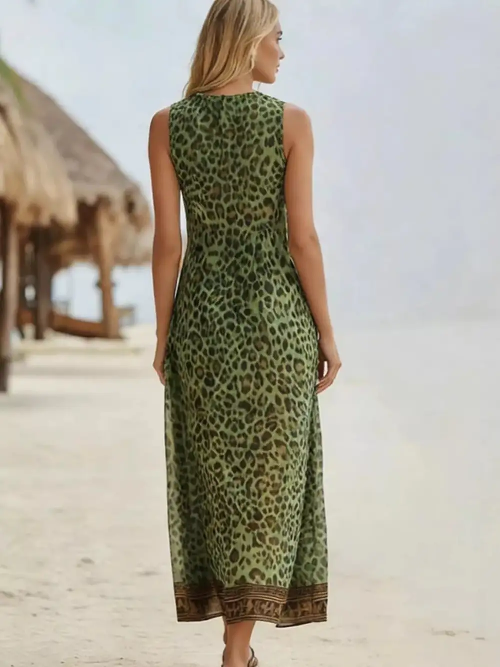 Animal Print V Neck Midi Dress