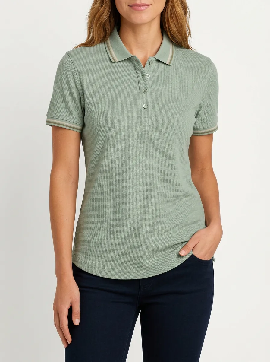 Women's Waffle-Knit Striped-Trim Polo Shirt