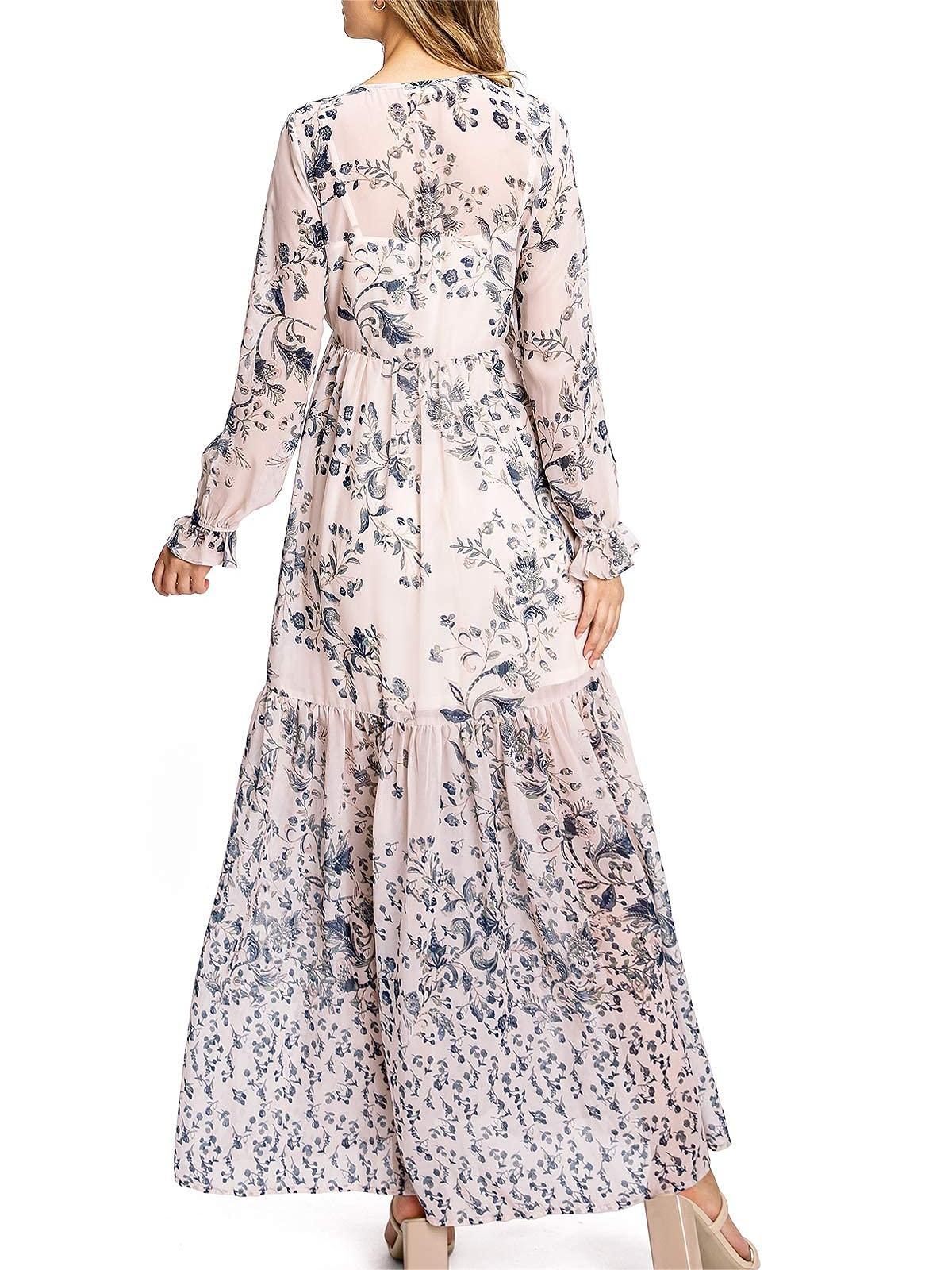 Light Pink Floral Print Long - Sleeve Maxi Dress