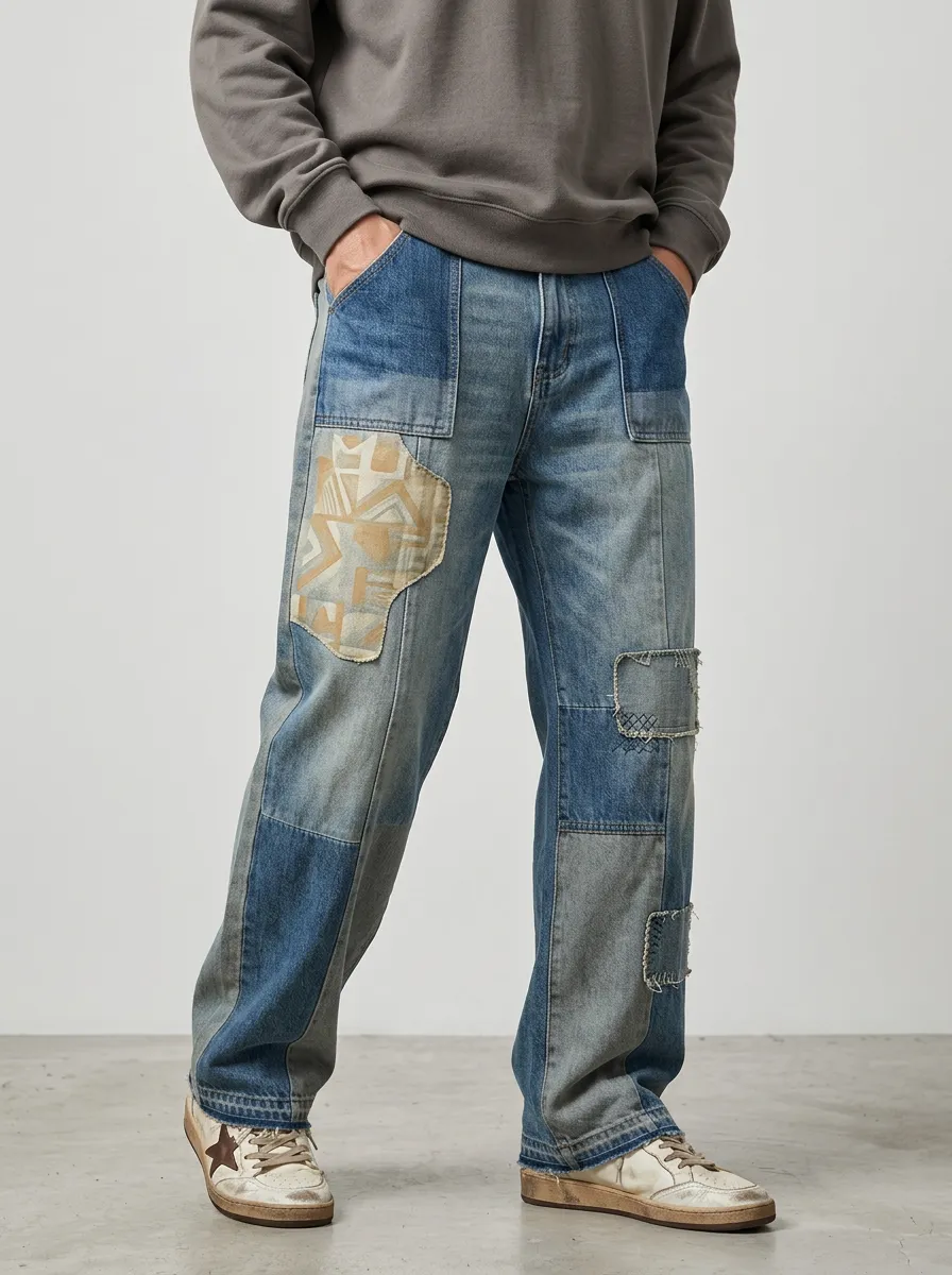 Men's Geometric Patchwork Vintage Wide Leg Jeans