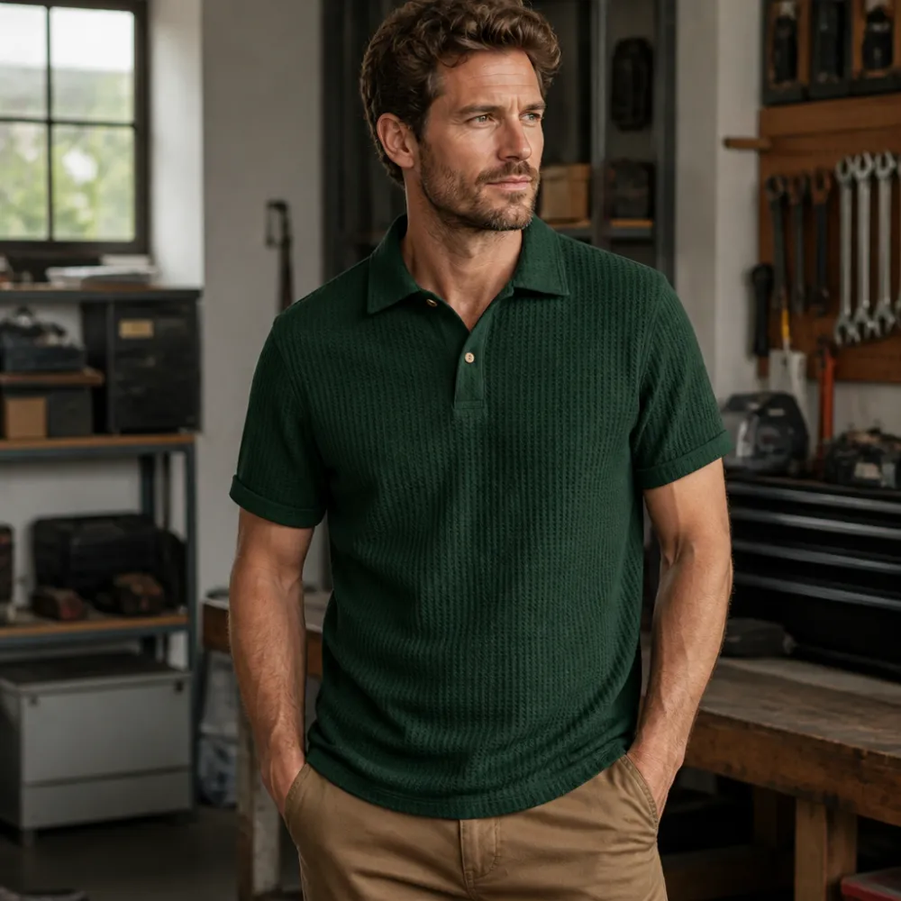 Men’s Waffle Textured Short Sleeve Polo Shirt