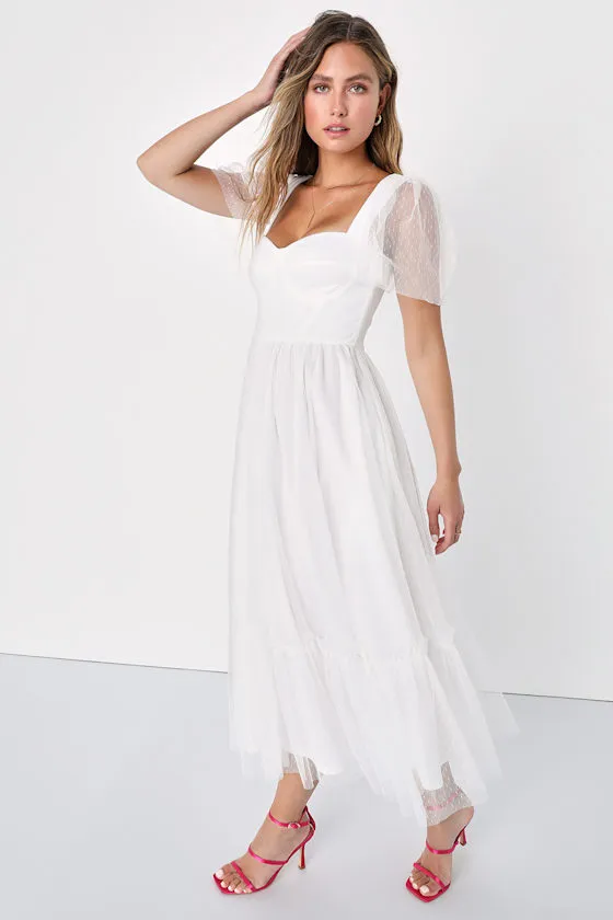Dreamy Celebration White Tulle Bustier Swiss Dot Midi Dress