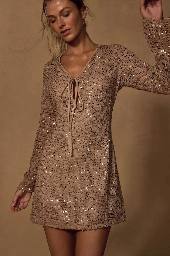 Seza Light Tan Crochet Sequin Tie-Front Mini Dress