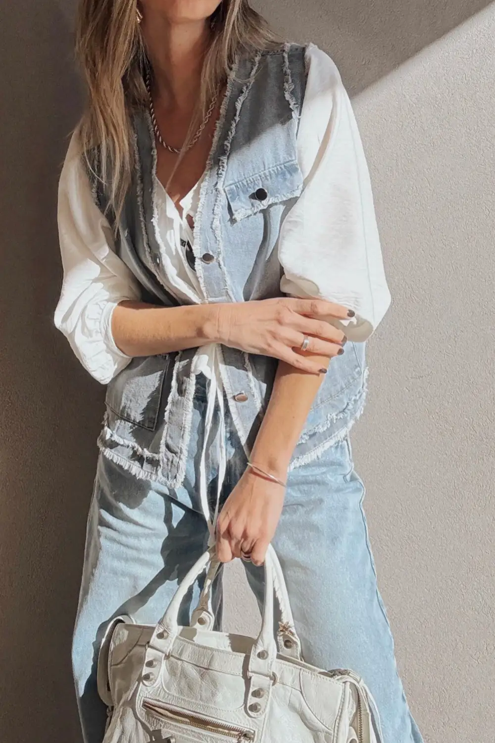 Frayed Edge Flap Pockets Denim Vest