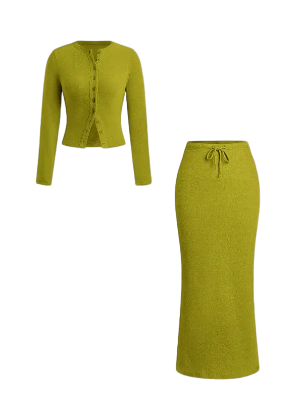 Women's Slim-Fit Long Sleeve Knitted T-Shirt Set, Elegant A-Line Skirt, Spring & Fall Fashion, Basic Style, Moderate Fabric