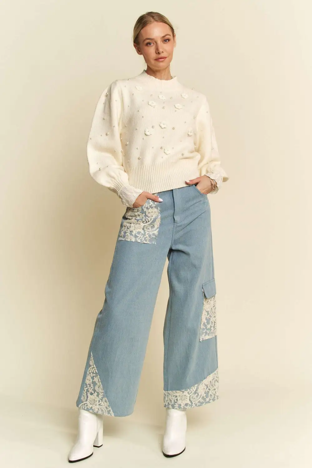 Lace Applique Wide Leg Denim Jeans