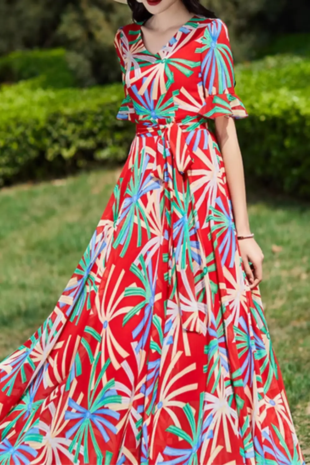 Floral Chiffon Ruffle V Neck Short Sleeve Maxi Dress