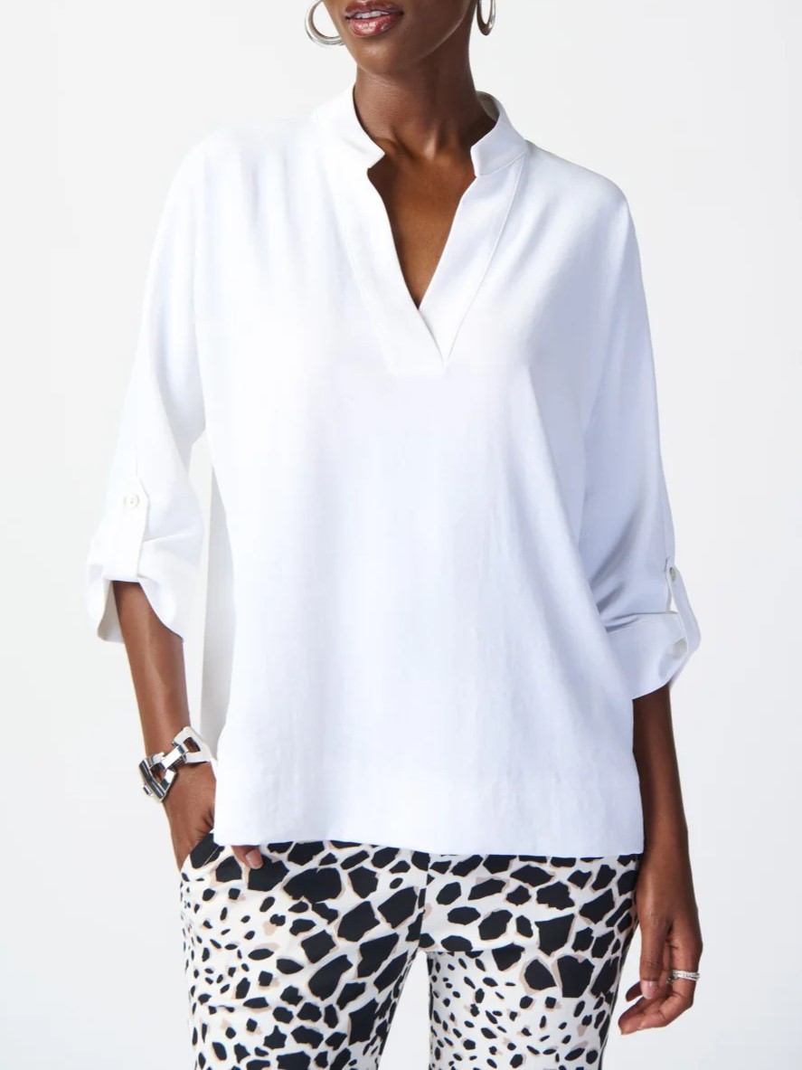 White V - Neck Roll - Sleeve Blouse