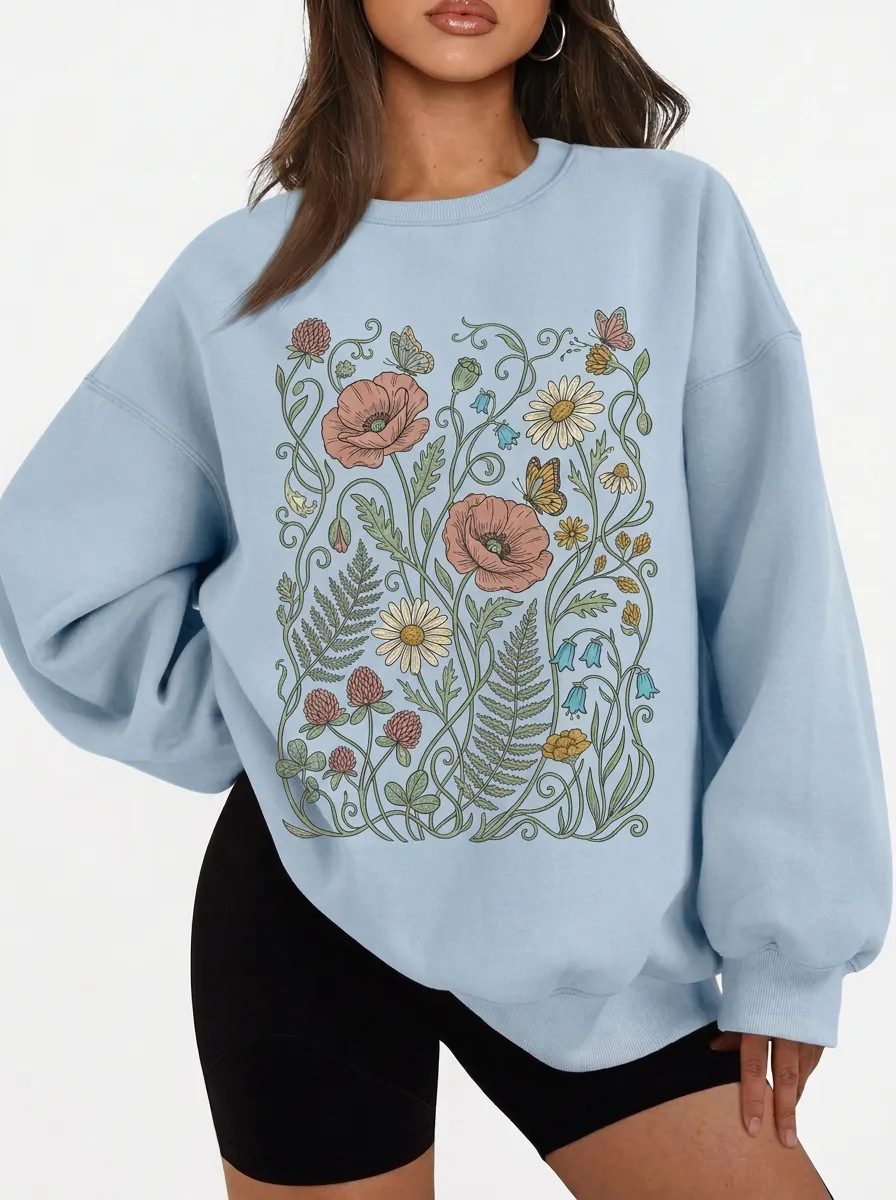 Women's Nature Lover Wildflower Butterfly Printed Sweatshirt