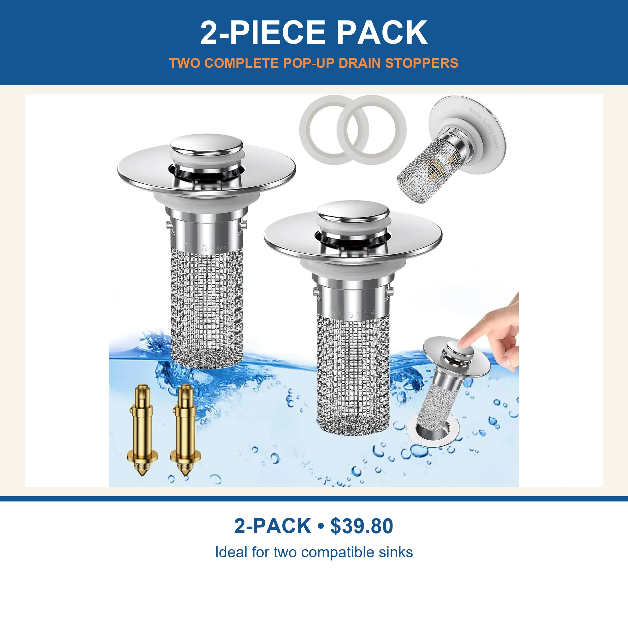 Universal Pop-Up Sink Drain Stopper with Stainless Steel Mesh Basket - 2-Piece Pack