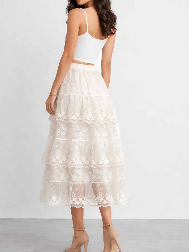 Boho Lace Tiered Ruffle Elastic Waist Maxi Skirt