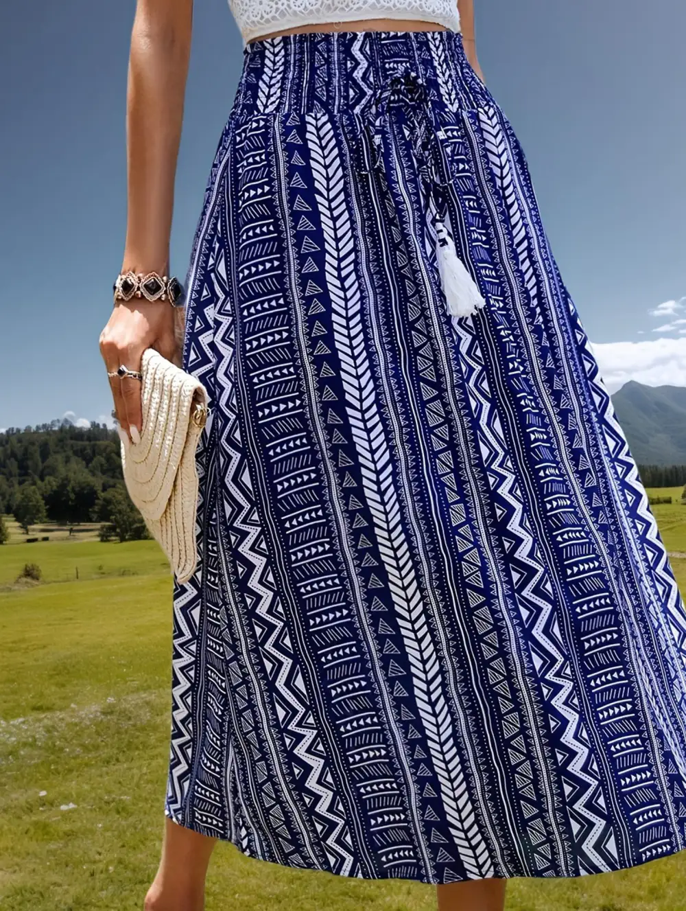 Boho Fringe Belt Tie Midi Skirt