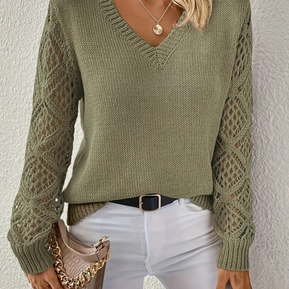Elegant V Neck Long Sleeve Sweater Hollow