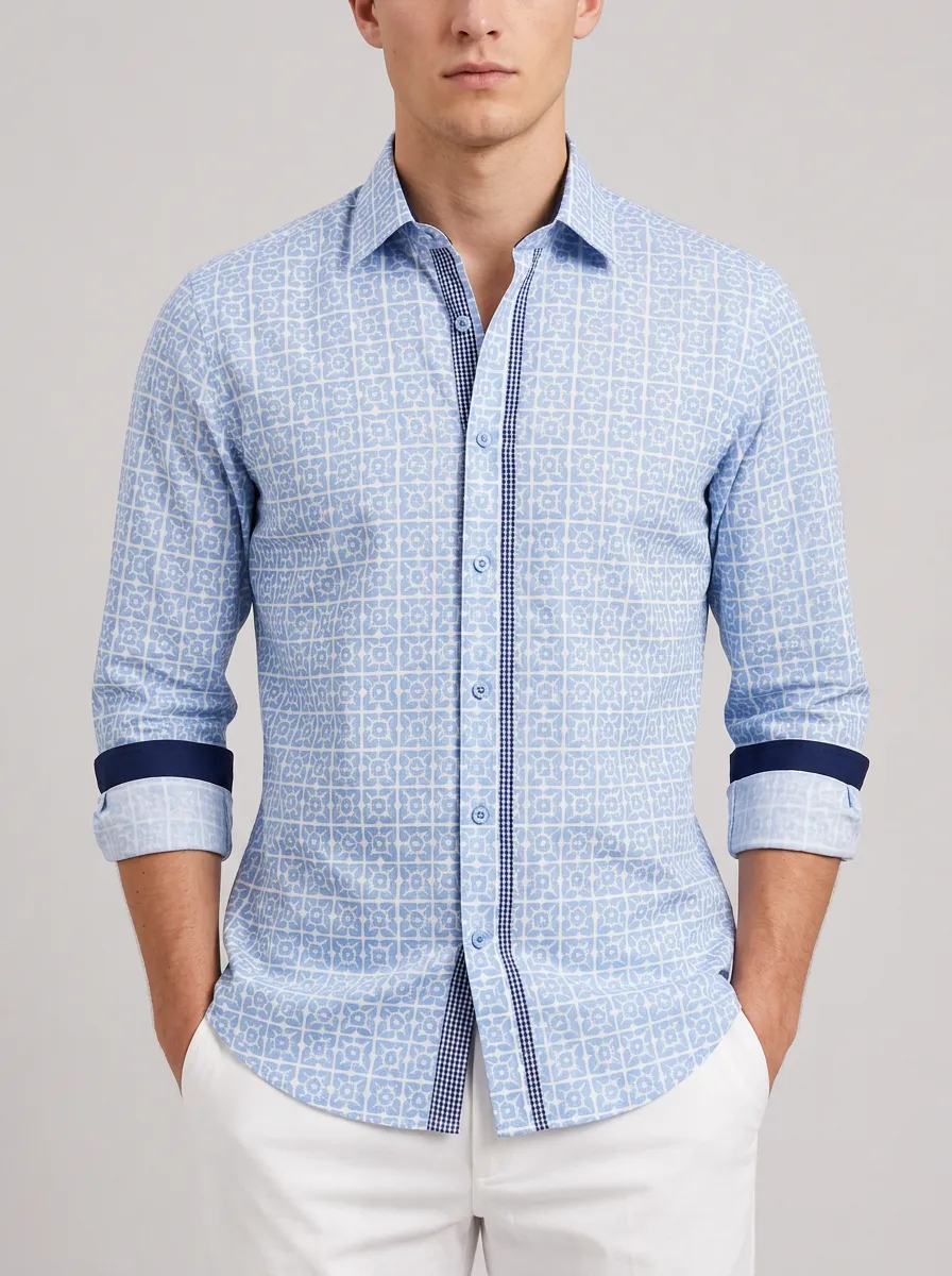 Men's Geometric Print Contrast Trim Button-Down Shirt