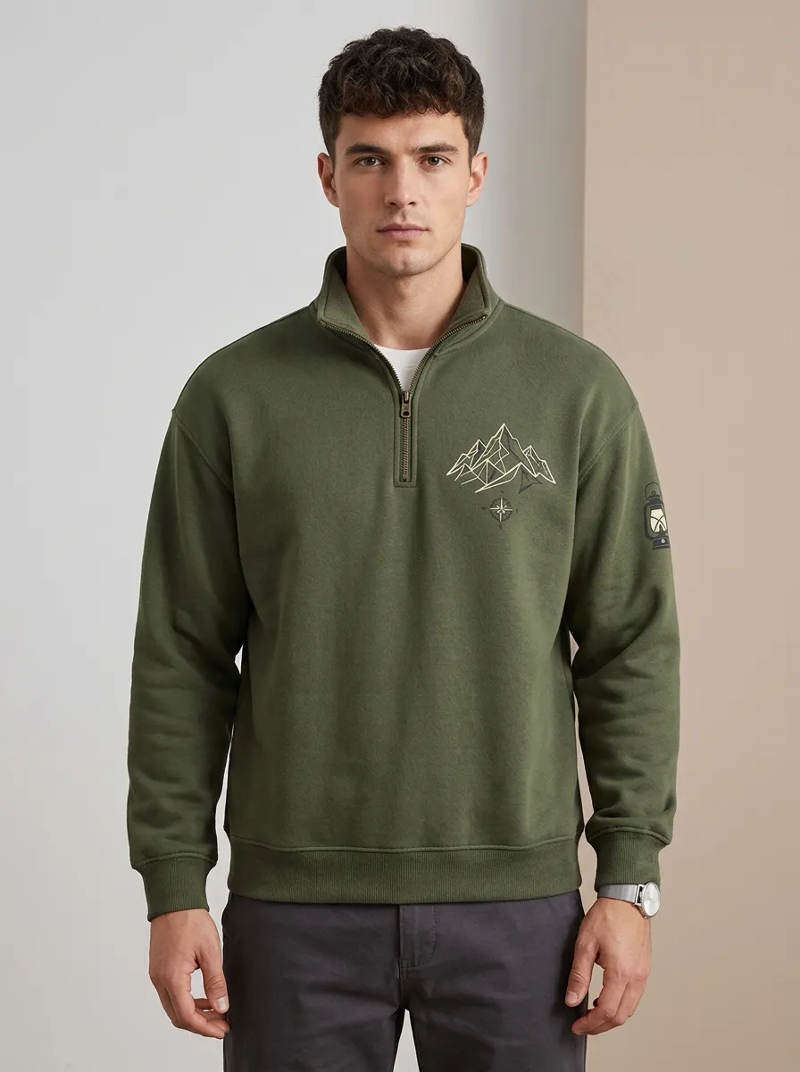 Men's Ridge Hiking Mountain Compass Graphic Quarter-Zip-Neck Sweatshirt