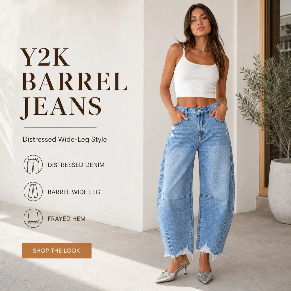 Women's Y2K Distressed Barrel Wide-Leg Jeans
