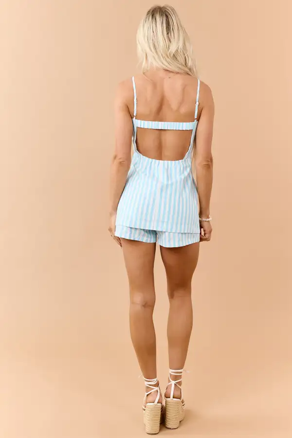 Aqua And Striped Sleeveless Button Up