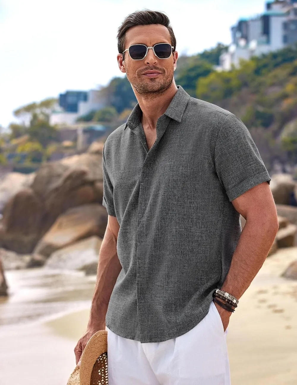 Men's Linen Shirts Short Sleeve Casual Shirts Button Down Shirt for Men Beach Summer Wedding Shirt