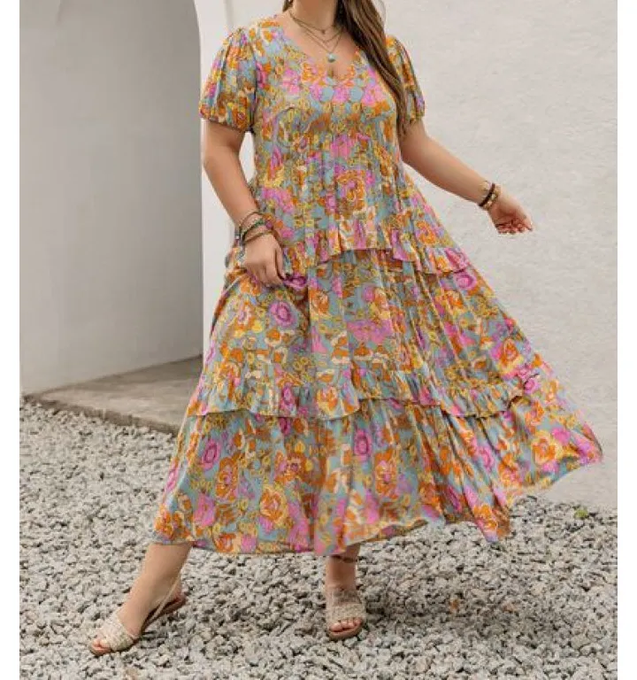 Plus Size Printed V Neck Short Sleeve Maxi Dress