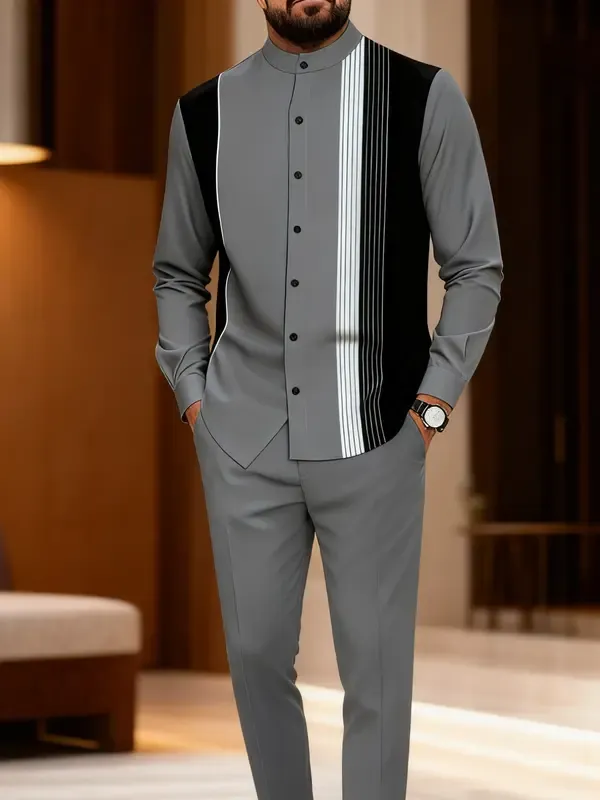 Men's black and white striped button-down shirt with drawstring waist casual pants