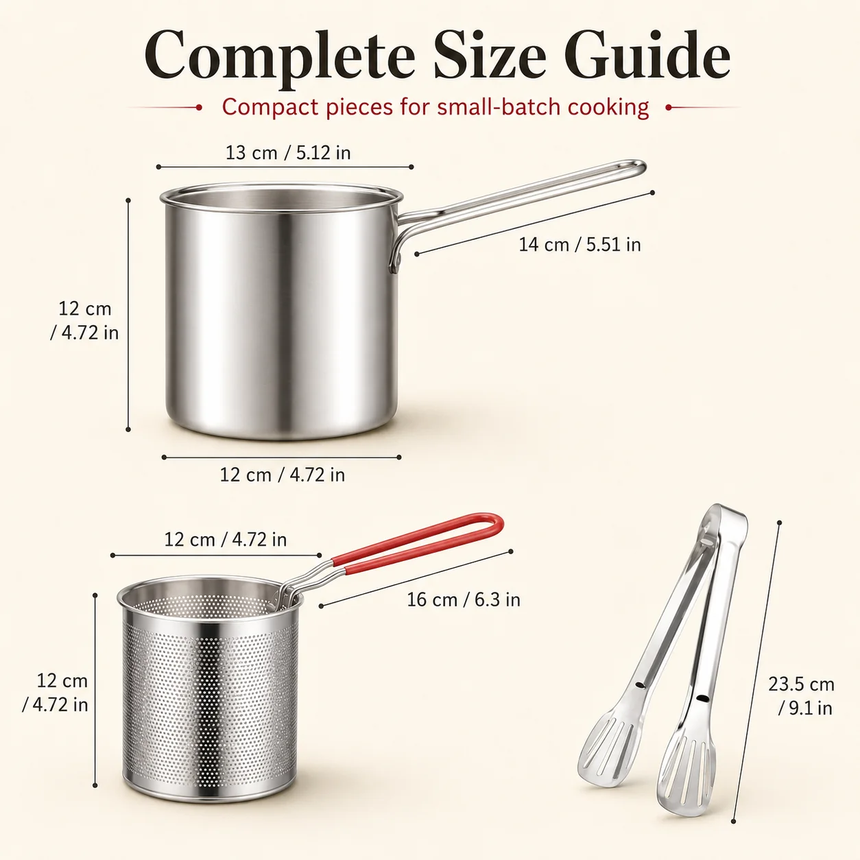 Pot, basket and food-tong dimension diagram