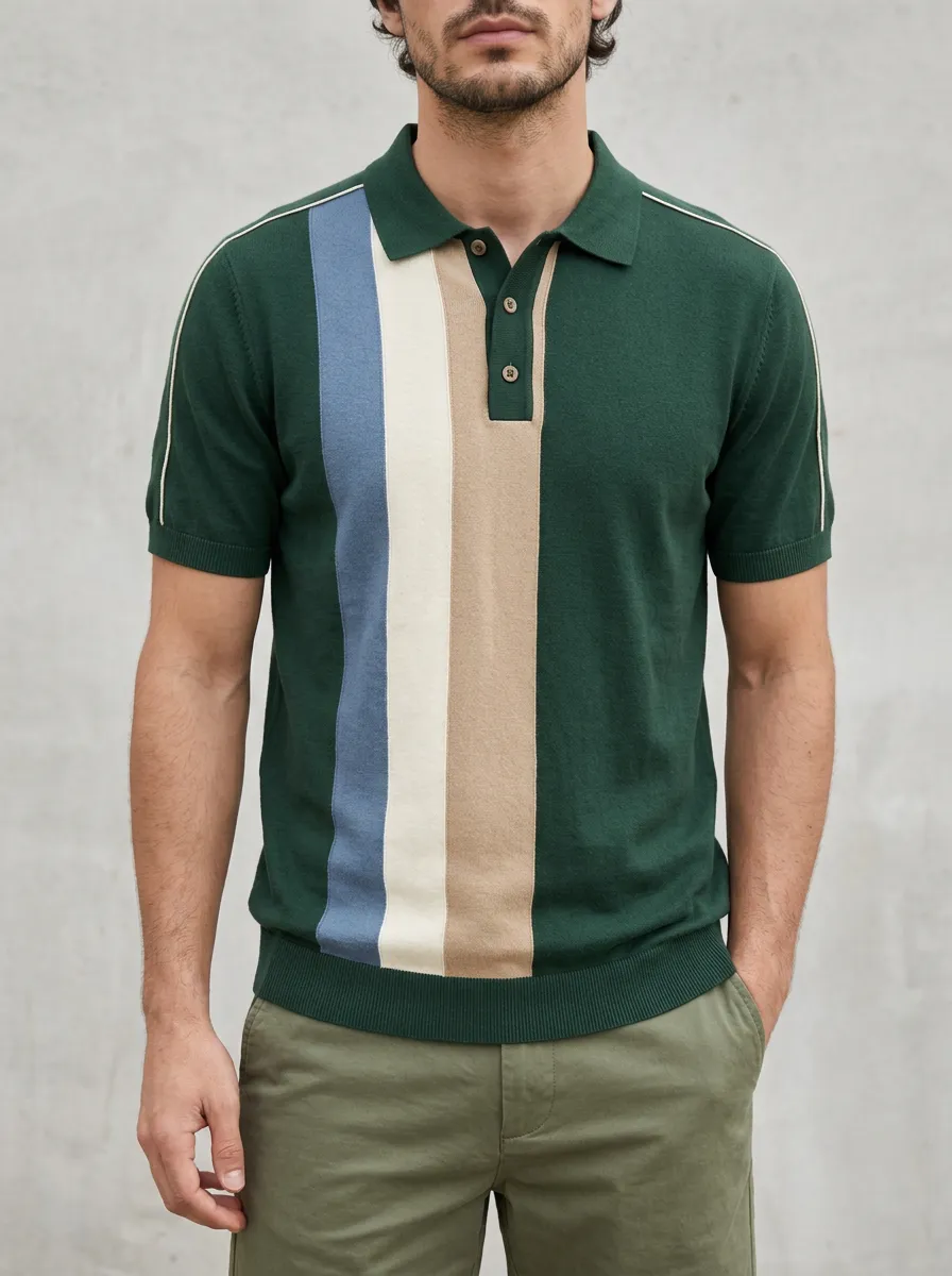 Men's Knit Ribbed Textured Vertical-Stripe Contrast-Piping Polo Shirt