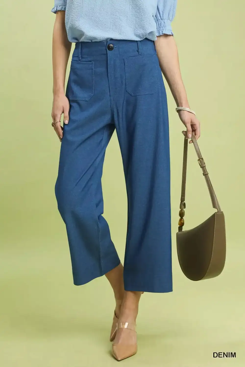 Denim Wide Leg Crop Pants with Front Pockets