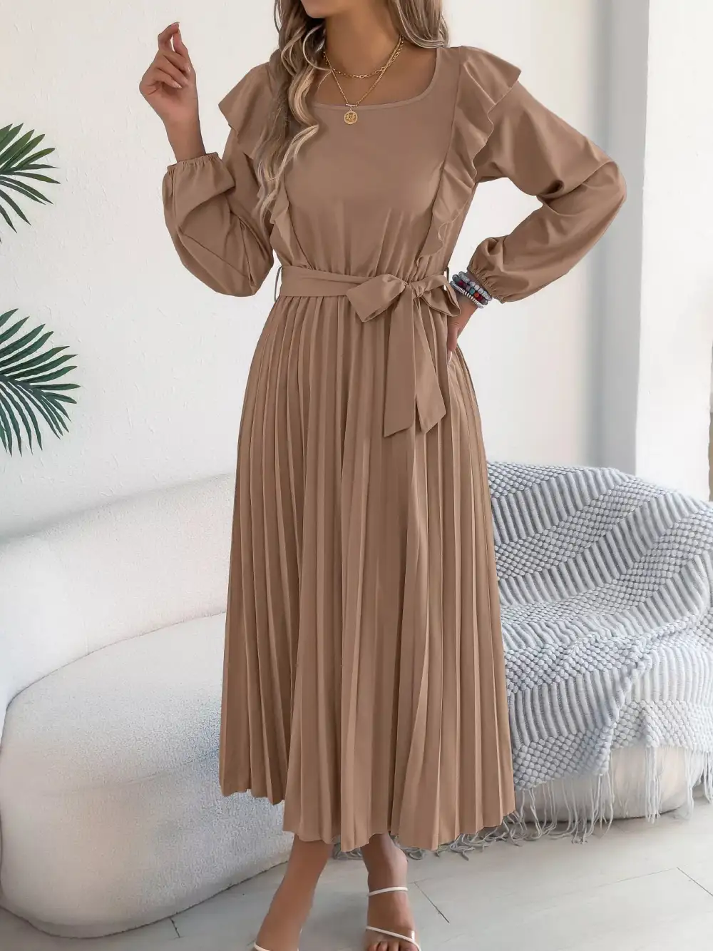 Ruffle Pleated Midi Dress