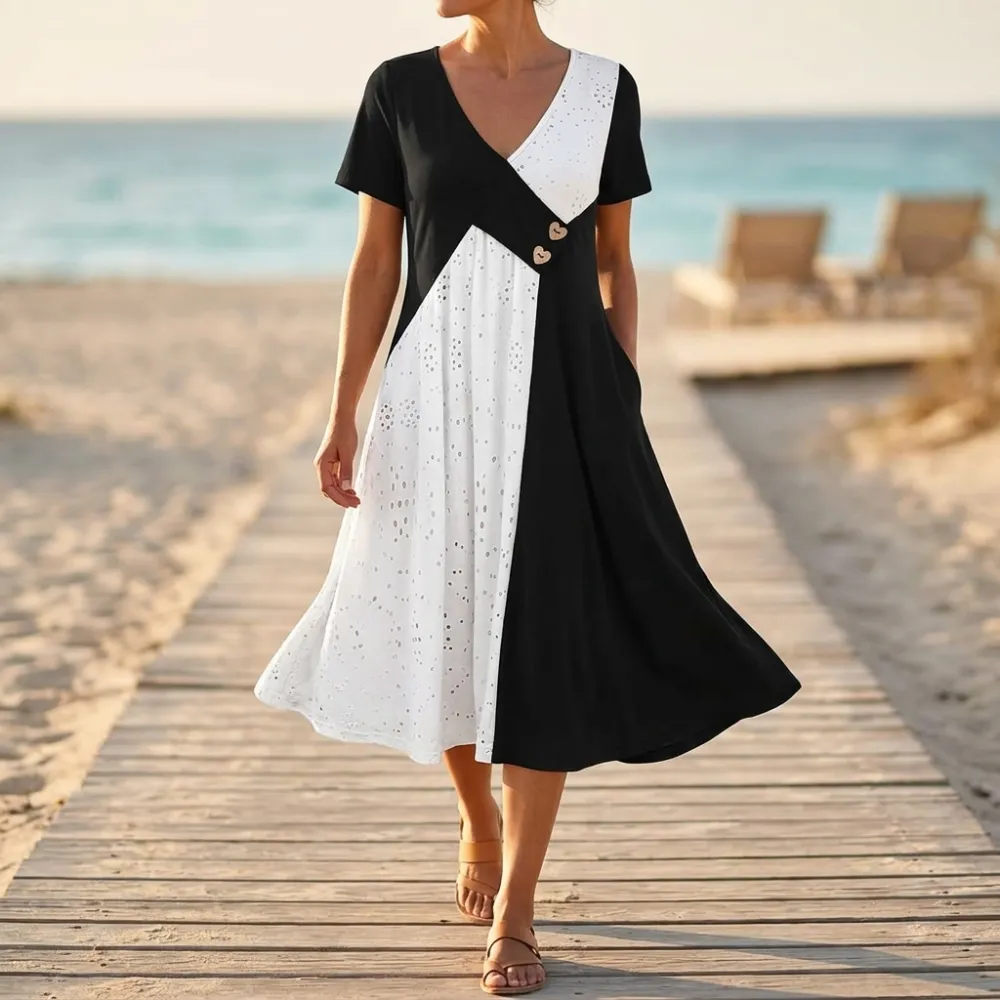 V Neck Diagonal Patchwork Midi Dress