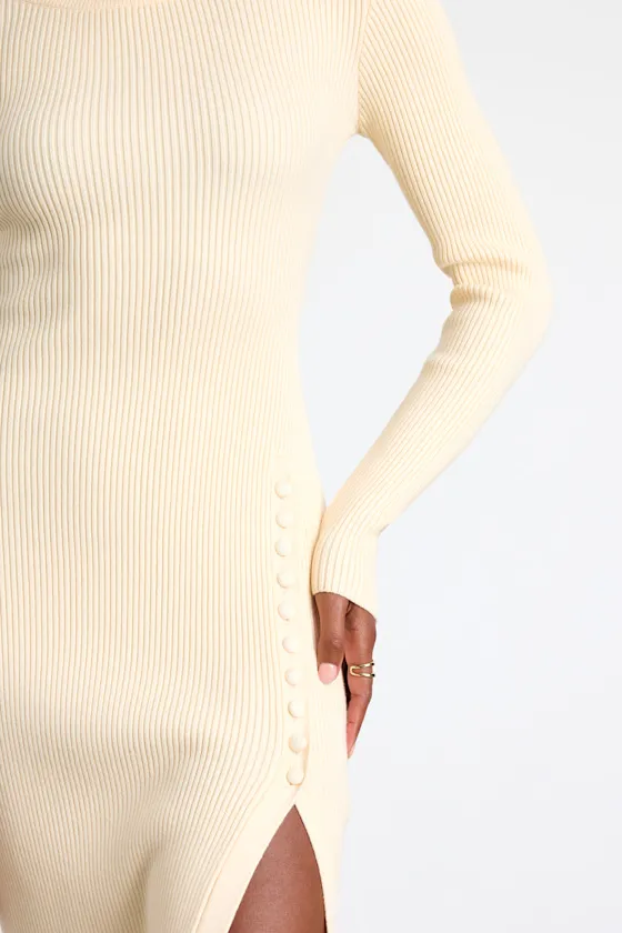 Refined Attitude Black Ribbed Side Button Midi Sweater Dress