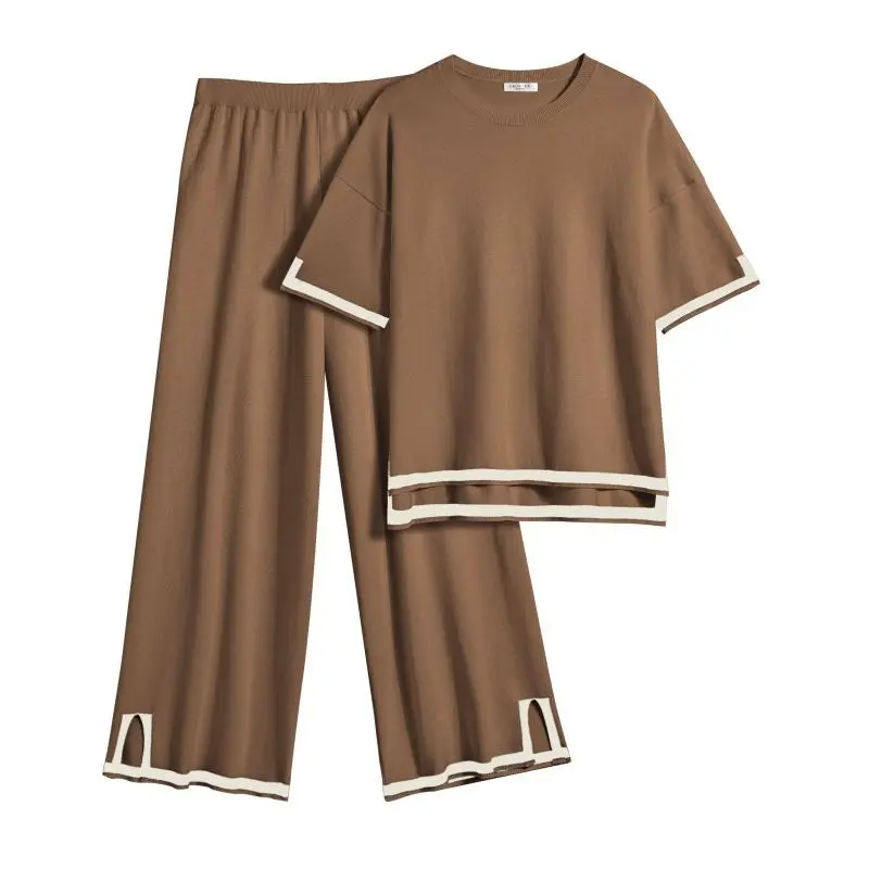 Women's 2-Piece Lounge Set - Black Knit Tracksuit with Short Sleeve Top & Wide Leg Pants - Soft Stretchy Homewear for Casual Wear