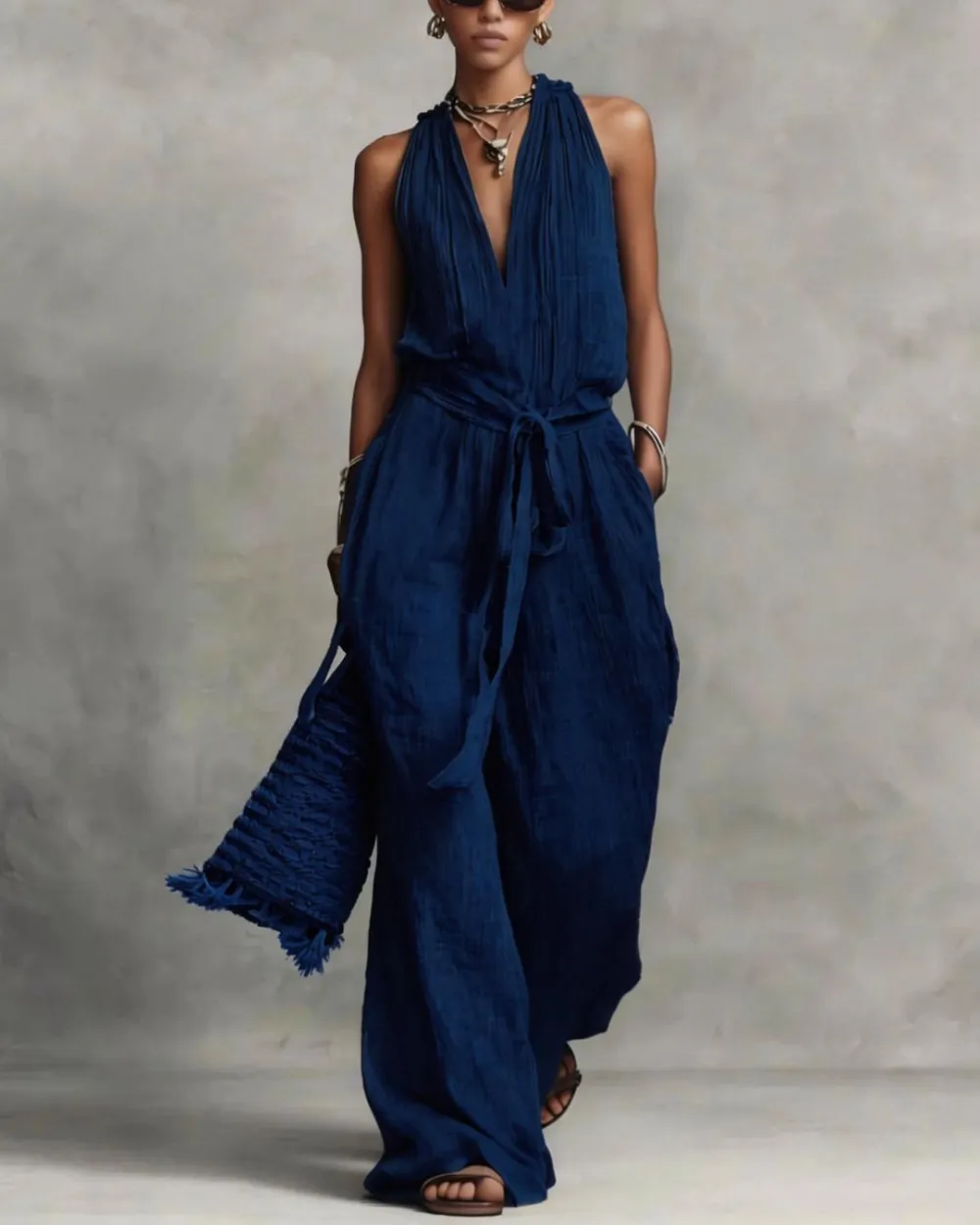 Deep V-Neck Halter Wide-Leg Jumpsuit